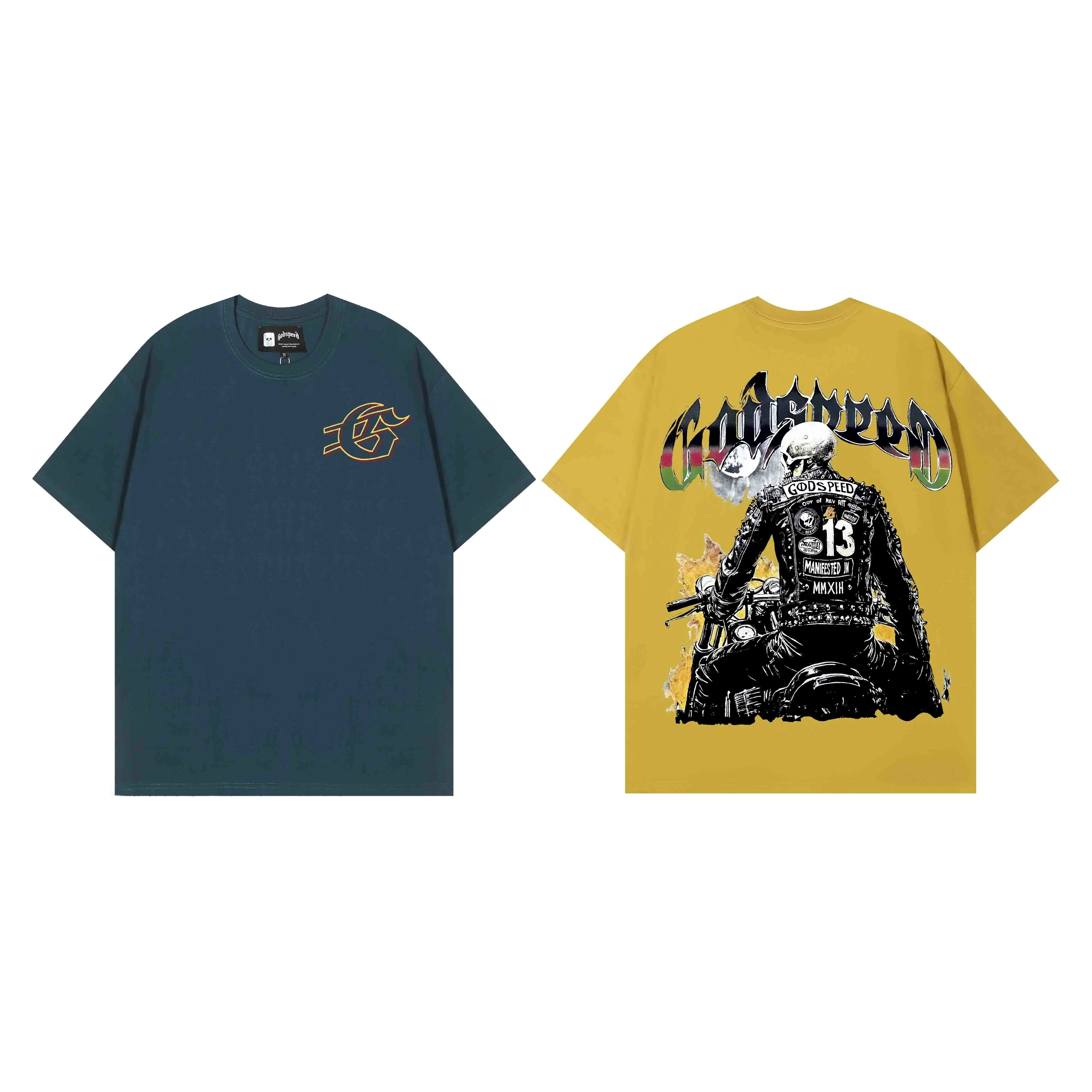Godspeed American Style Motorcycle Rider Print Loose Fit Cotton T-Shirt Short Sleeve Rock And Roll High Street Fashion Tee