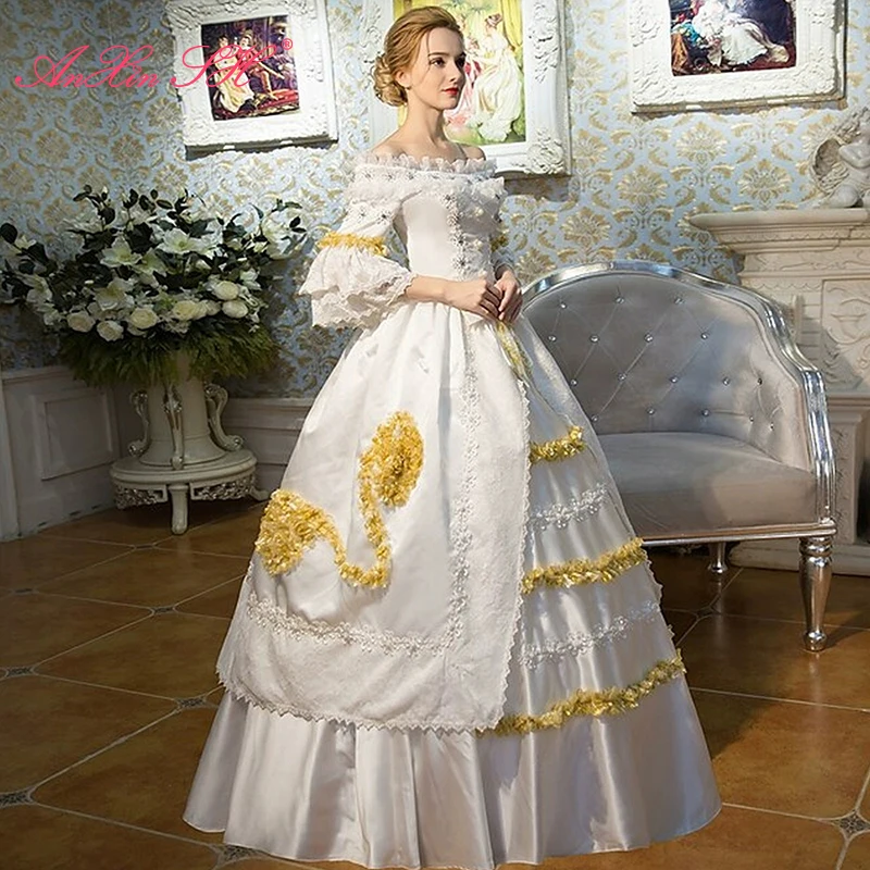 

AnXin SH винтажное бальное платье принцессы из белого атласа с вырезом лодочкой и бисером, золотой кружевной бант с расклешенными рукавами, бальное платье на шнуровке, платья для выпускного вечера по индивидуальному заказу