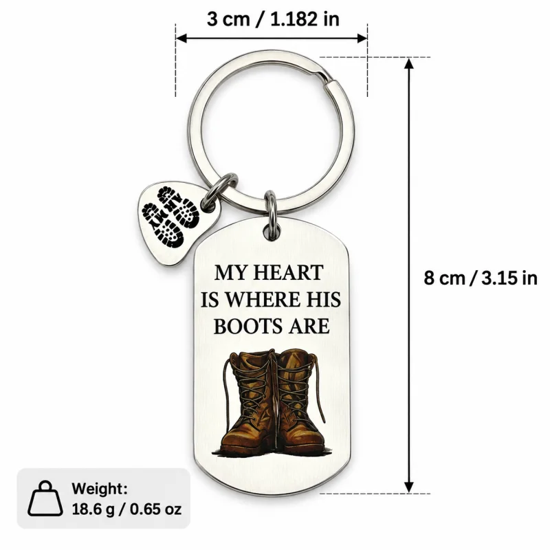 My Heart Is Where His Boots Are Keychain Boot Print Charm Military Wife Gift