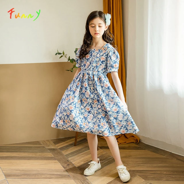 4 To 14 Years Teen Girls Dress Vintage Floral Print Cotton Children Summer Dress Teen Kids Clothes Square Collar Puff Sleeve Girls Casual Dresses AliExpress