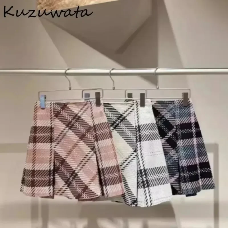 Kuzuwata New Vintage A-line Ruched Plaid Skirt High Waist All-match Wool Tweed Falda Japan Slim Minority Office Lady Mujer Falda