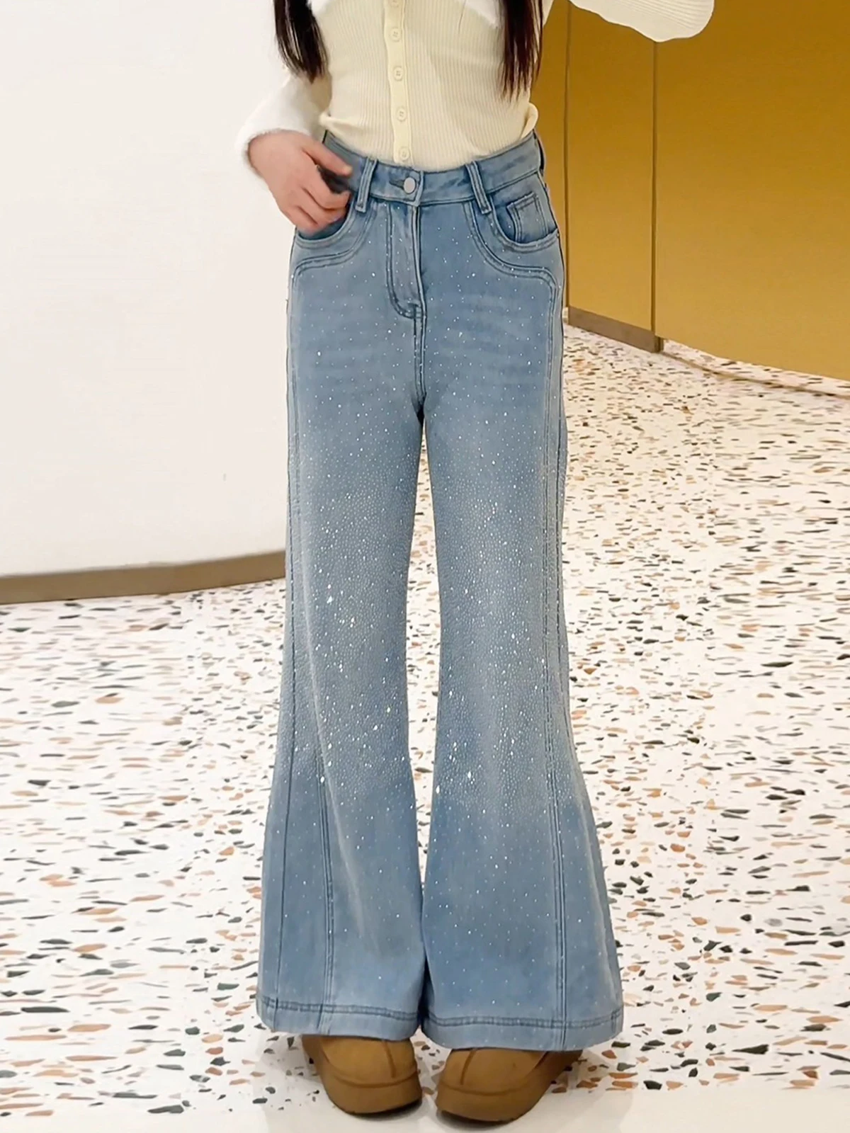 

High Waist Flared Jeans Women's Spring Fleece Lined Bell Bottom Pants Straight Leg Non Fitting Tapered Leggings Diamond Embel...