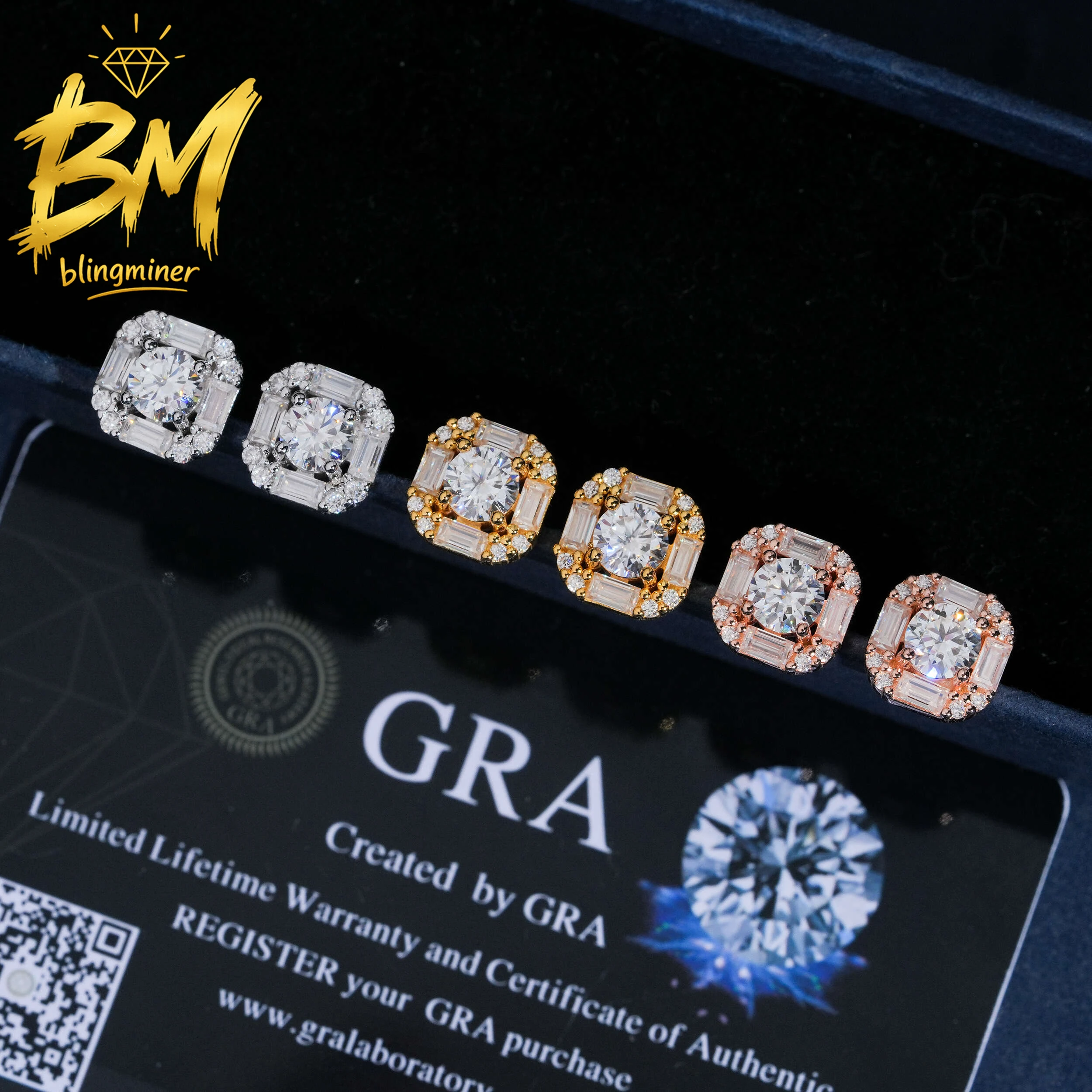 Blingminer 10mm Baguette VVS Moissanite Earrings For Men Women S925 Silver Ear Studs  Pass Diamonds Tester GRA Free Shipping