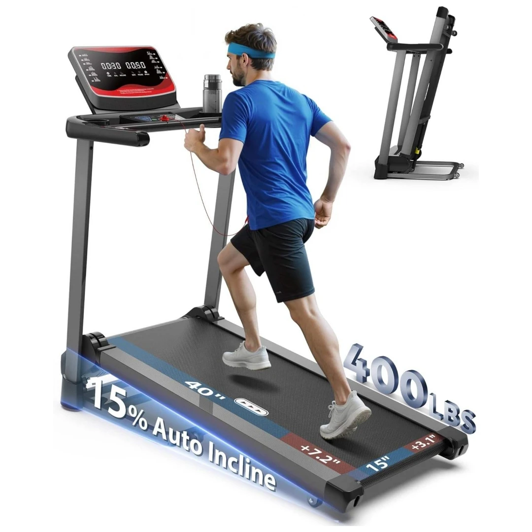 Gimnasio en casa, máquina de ejercicios motorizada plana pequeña para interiores, ejercicio plegable, capacidad de 400 libras, cinta de correr con inclinación automática del 15%, para el hogar