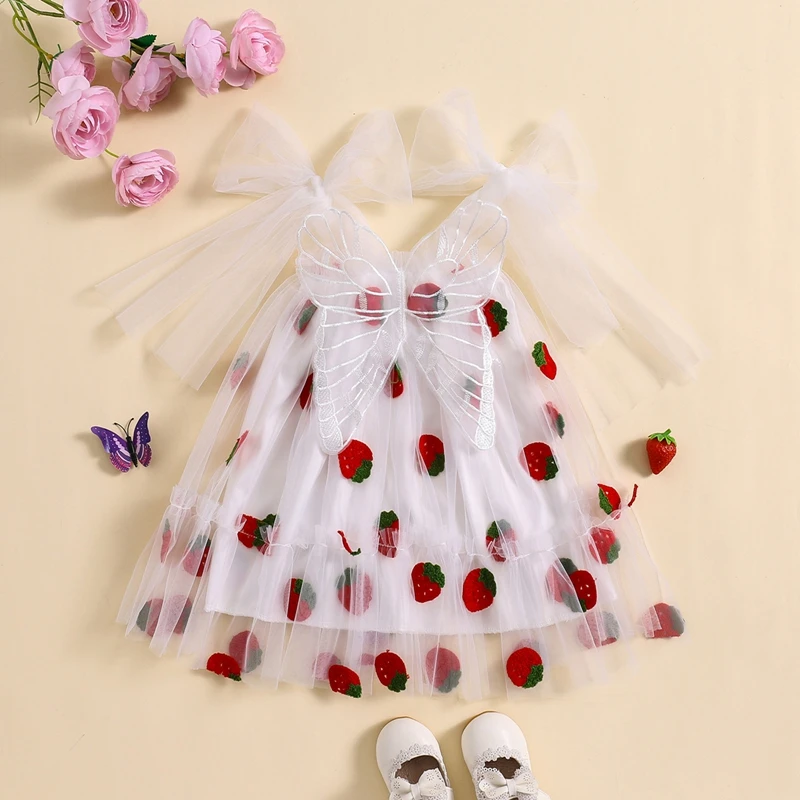 Baby Girls Sleeveless Dress Bow Straps Summer Tulle A-Line Dress with Butterfly Wing for Beach Party Cute Clothes