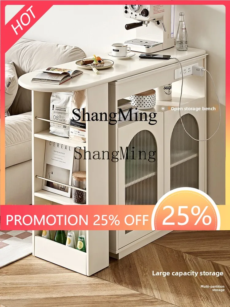 

ZYY Household High Value Multifunctional Edge Cabinet Cream Wind Living Room Storage Rotatable Retractable Tea Cabinet