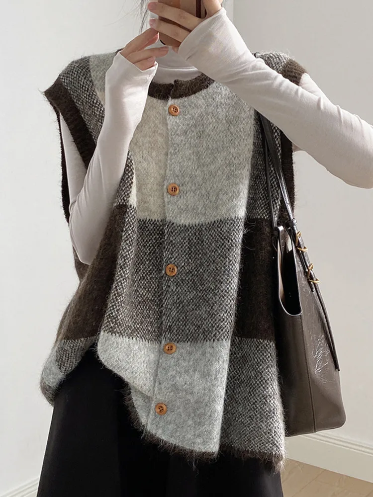 WHTREND Farbe Block Plaid Gestrickte Pullover Weste Für Frauen Rundhals Einreiher Strickjacke Lose Mäntel Mode Herbst Winter