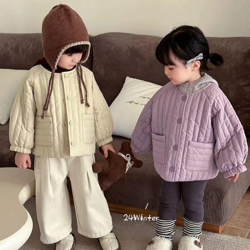 

01-Girls' Clothing2025Autumn and Winter Solid Color Fleece-Lined Thickened Warm Cotton Jacket for Baby Girls Fashionable Korean