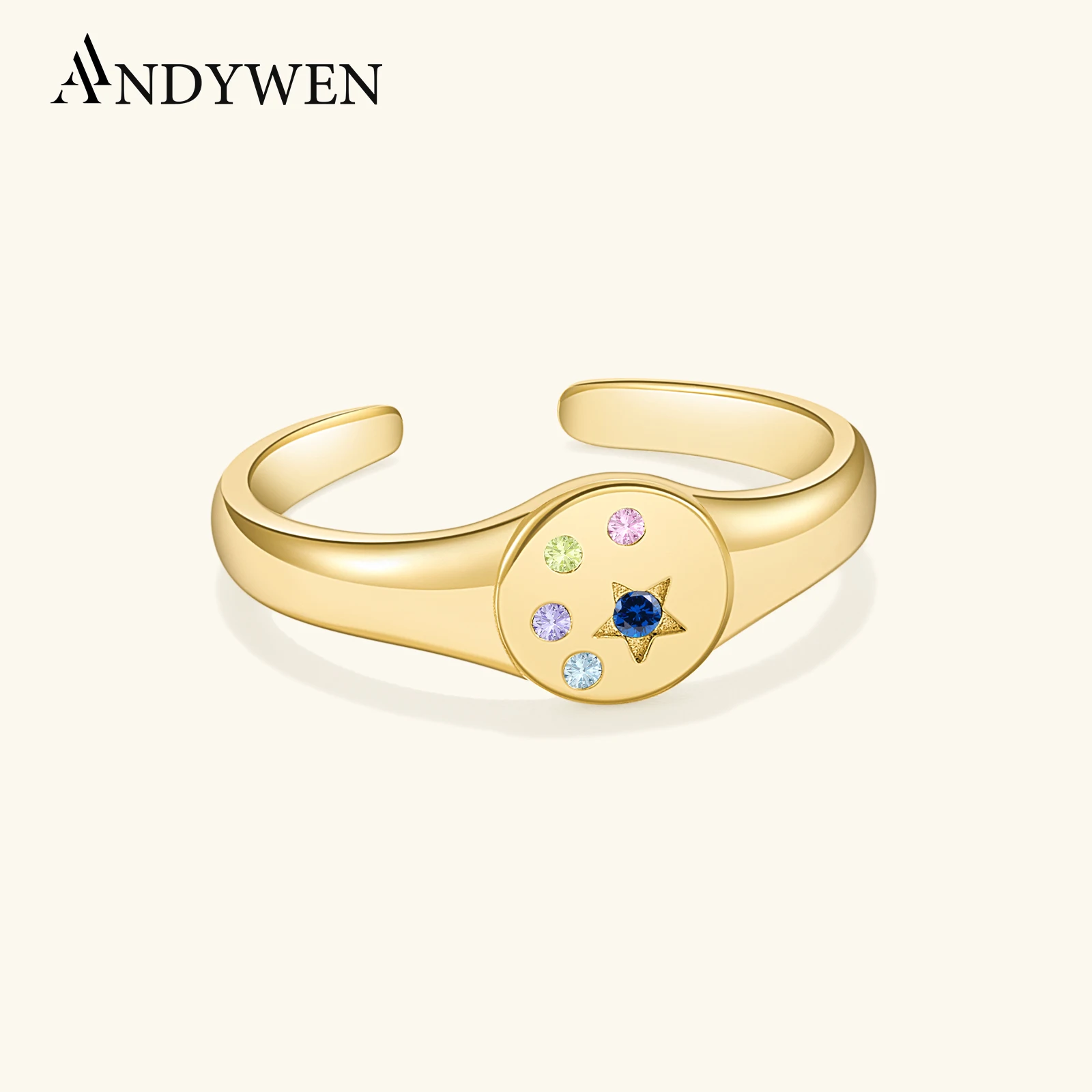 ANDYWEN 925 Sterling Silver Circle Regulowany pierścionek Kolorowa cyrkonia 2024 Kobiety Zaawansowany luksusowy prezent ślubny Drobna biżuteria
