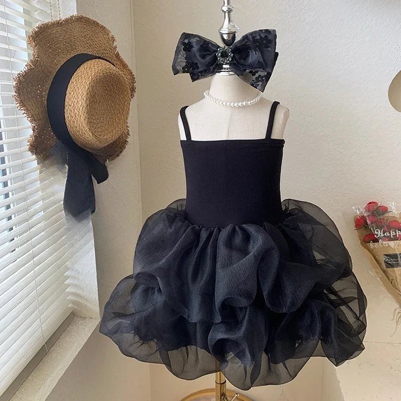 

2025 New Girls' Summer Dress Black Knitted Splicing Mesh Lace Double Skirt Dress