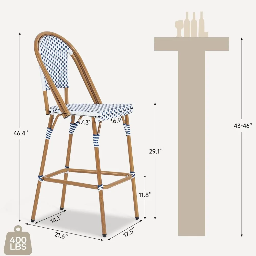 프렌치 바 스툴 2개 세트, 화이트 프린트 마감 파티오 바 스툴 등받이 라탄 의자, 위커 바 높이 스툴 29