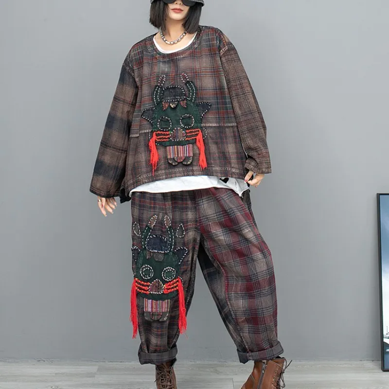 

2024 Spring Autumn New Plaid Patchwork Long Sleeved Top + Casual Pants Two-piece Set Women Hand Embroidered Pant Set LX290