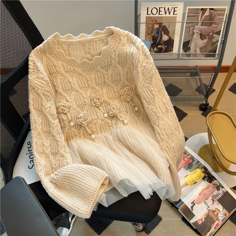 

Autumn Winter 2023 Vintage Sweater Women Mesh Peplum Hollow Out Flowers Pearls Loose Sweaters Pullover Tops Long Sleeve 39923