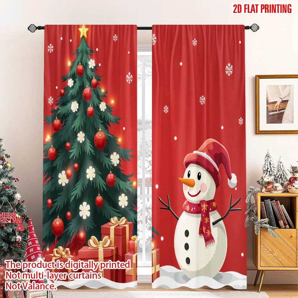 

2pcs 2D flat printing Merry Christmas Popular Window Drapes Christmas Tree Snowman Gifts Polyester Fabric Without Electricity
