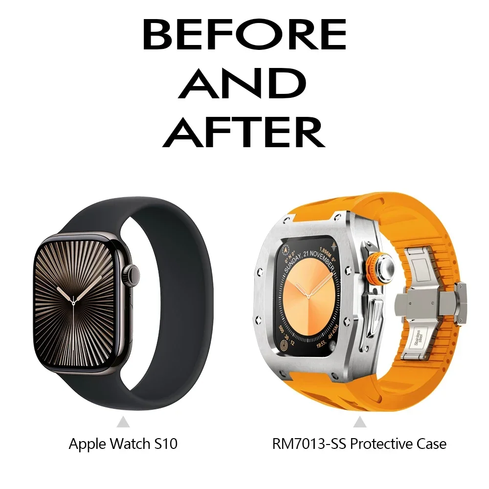 Kit Mod de acero inoxidable de lujo para Apple Watch Series 10, herramienta de correa de caucho fluorado de 46MM, instalación rápida gratuita, estilo de desmontaje