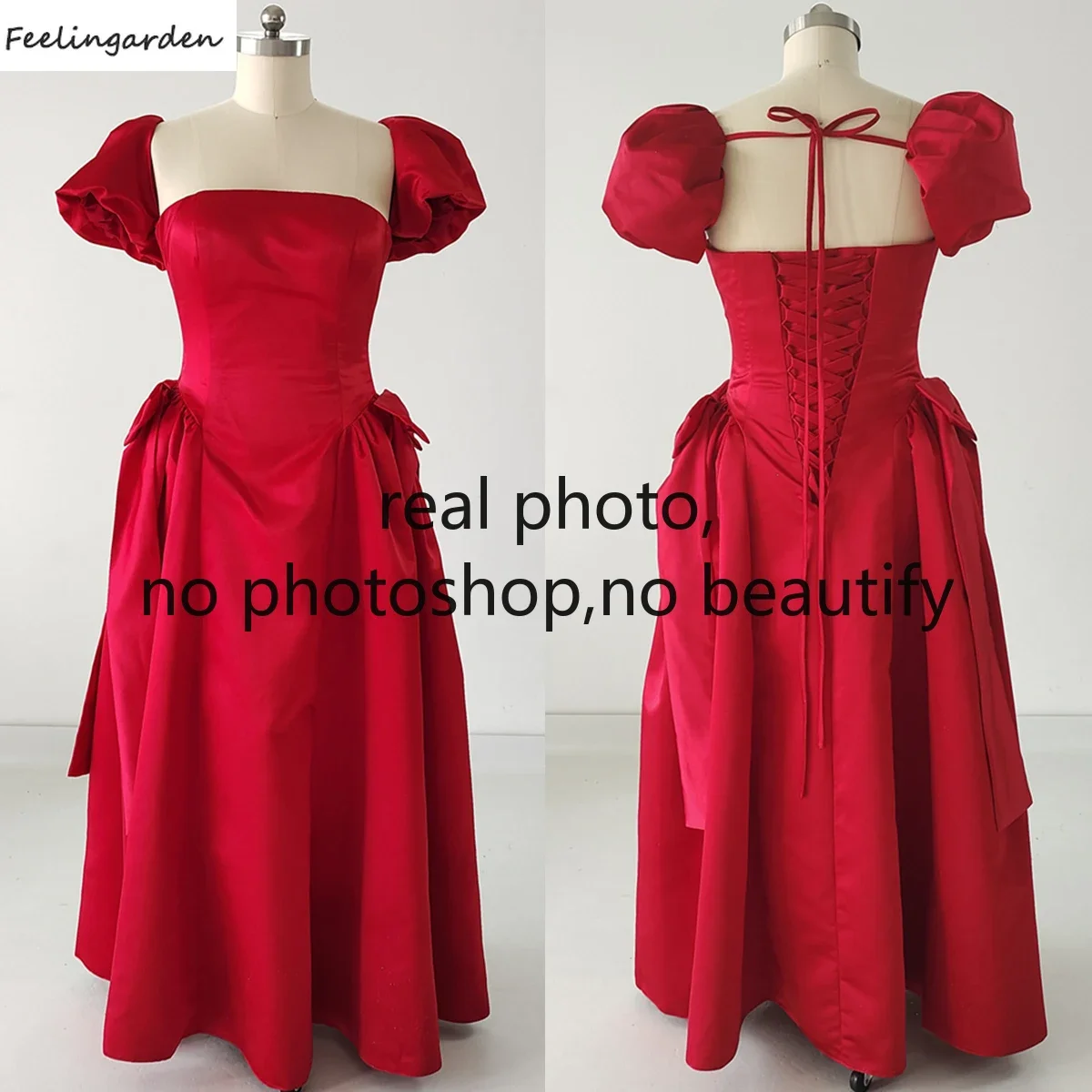 

Feelingarden Real Photo Evening Dress Plus size Burgundy Satin Puffy Short Sleeves Pleat Floor-Length A-Line Party Formal Gowns