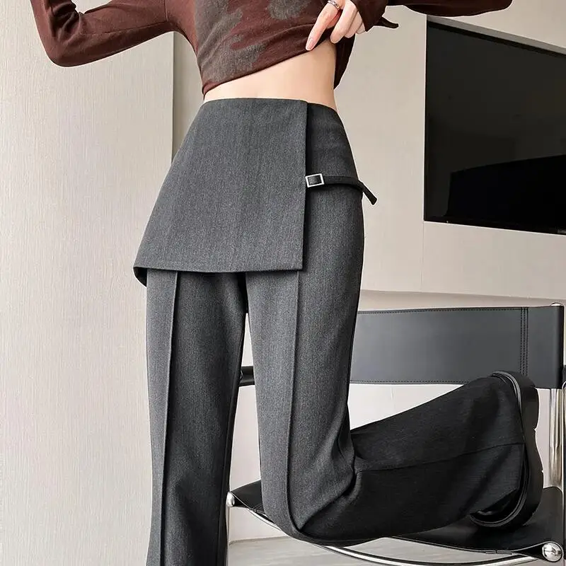 

Женские брюки-клеш с высокой талией, серые нерегулярные искусственные брюки из двух предметов, свободные брюки в стиле ретро, модные облегающие брюки, весна-осень, новый прилив