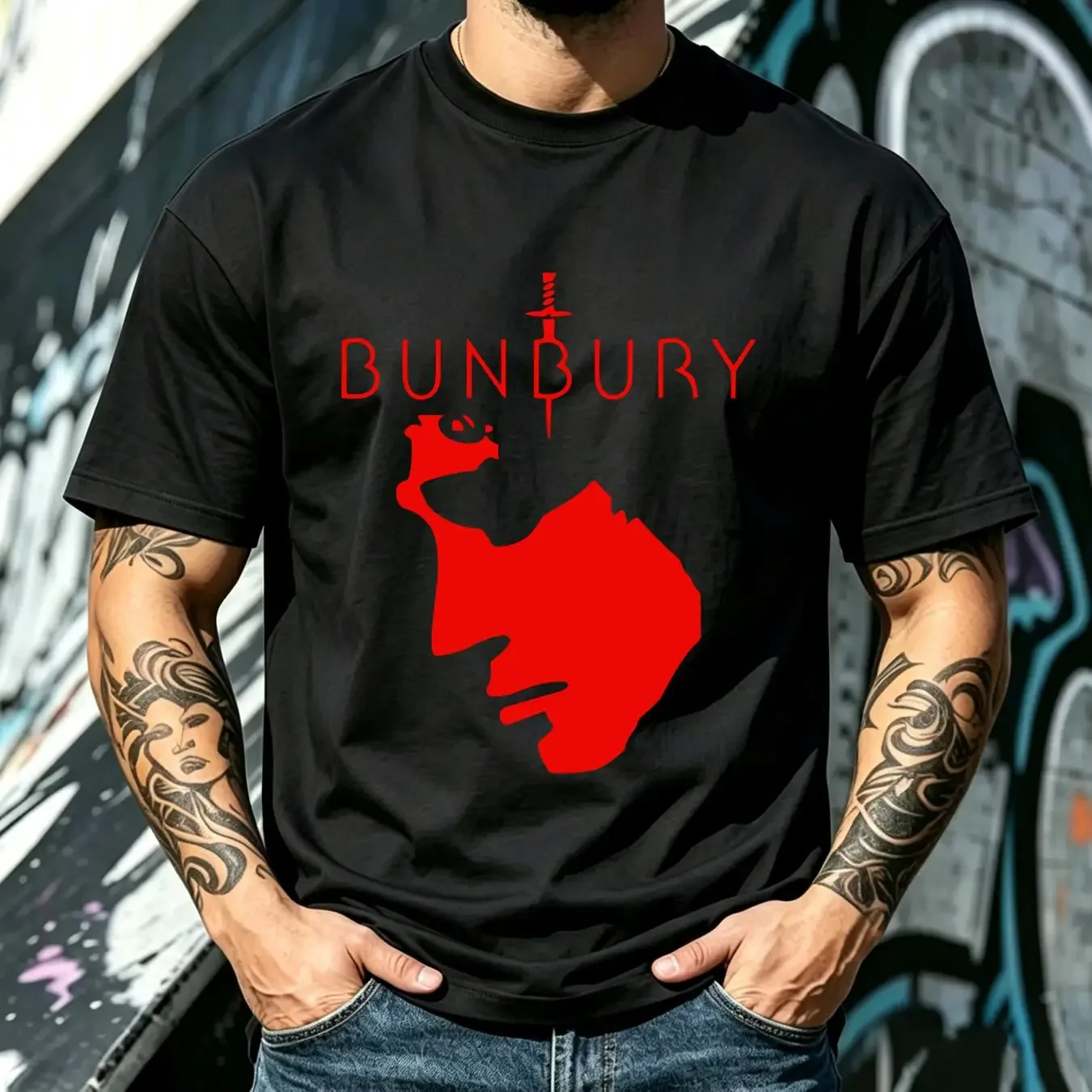 washed T Shirt BUNBURY BLACK 100 COTTON RED FRONT DESIGN HT VINYL vintage Washed Soft Unisex Slightly Stylish fashion