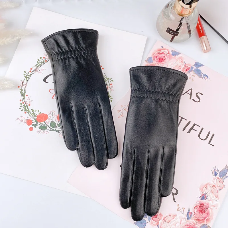 Winter Genuine Leather Gloves Women Thickened Warm Touch Screen Driving Cycling guantes mujer Outdoor Sheepskin Fleece  Gloves