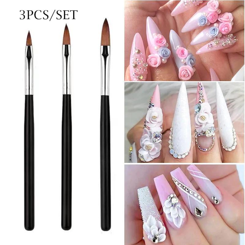 3 Pcs/set Acrylic Nail Brush Black UV Gel Carving Pen Brush Liquid Powder Nail Art 3D Drawing Pen Building Brush Nail Art Tool