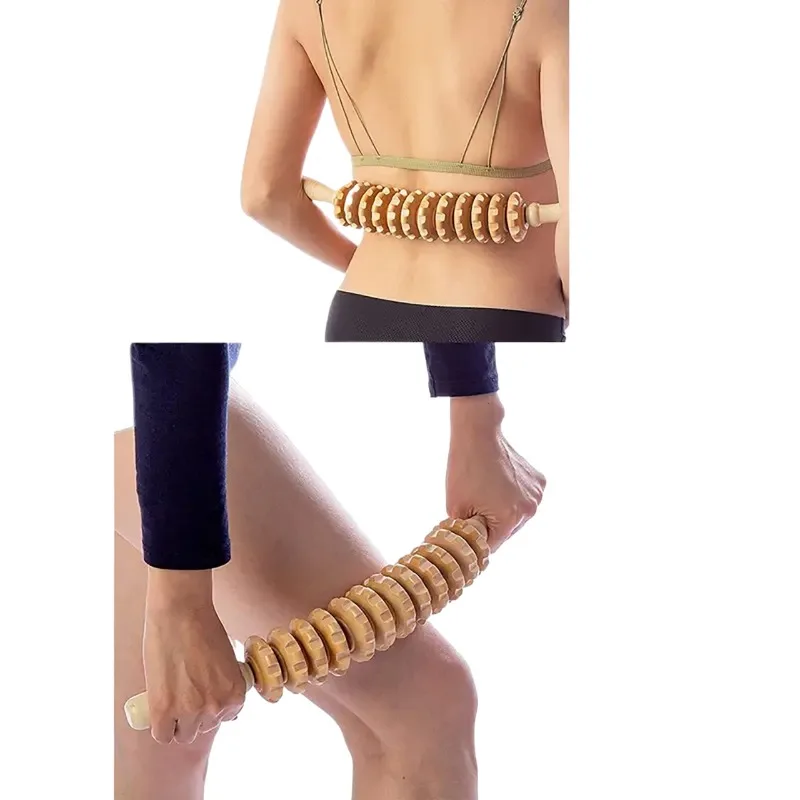 Wooden Grooved Gear Body Fascia Massager with Anti-slip Handle Smooth Roller for Muscle Relaxation on Arms Legs Thighs Buttocks