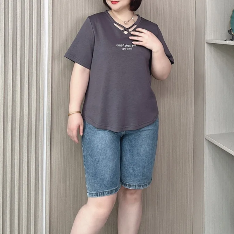 Summer 2024 Plus Size Women Loose Thin Hollow V-neck Casual Top Design Short Sleeve T-shirt