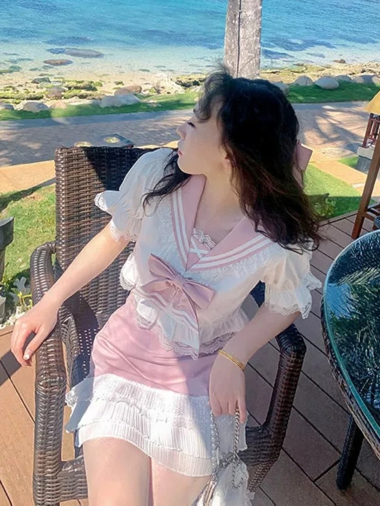 ADAgirl White Navy Sailor Collar Blouse Sweet Bow Top + Pink Lace Patchwork Y2k Mini Skirt Kawaii Two Piece Sets Womens Outifits