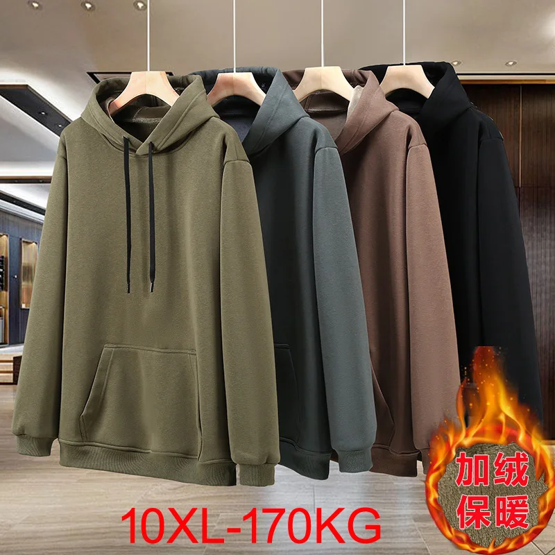 Men autumn winter hoodie added fat plus size trendy chubby casual thick fleece hooded solid color warm long sleeved 10xl 170kg