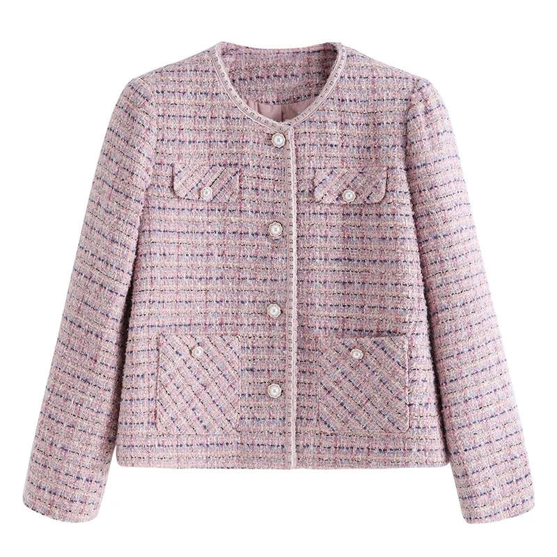 

Women's tweed jacket 2024 new pink autumn and winter small fragrance woven short top