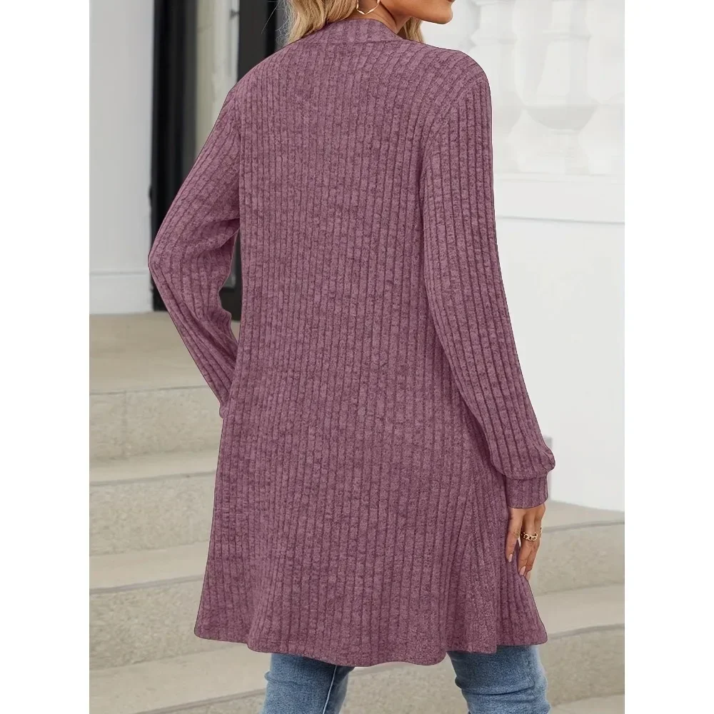 Ladies V Neck Open Front Knit Cardigan Vertical Texture Long Sleeve Mid Length Outerwear With Pockets