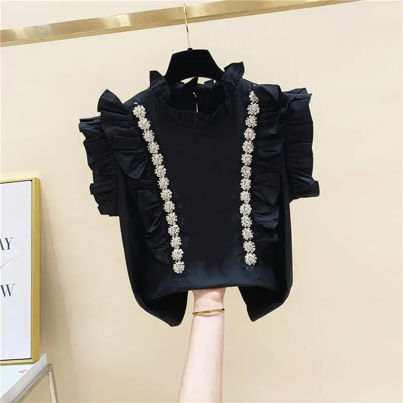 Neploe Ruffled Ribbed Beaded Diamond Ear Standing Collar Sleeveless Shirt 2024 Summer Loose Slim Niche Blusa Femme Sweet Blouses