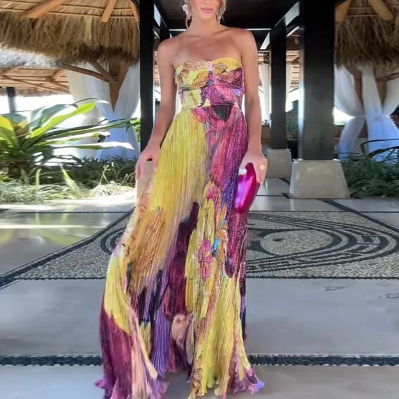 2025 신상 섹시 슬링 하이웨이스트 파티 드레스 여성 우아한 플리츠 프린트 로브 드레스 여름 패션 빅헴 보헤미안 드레스
