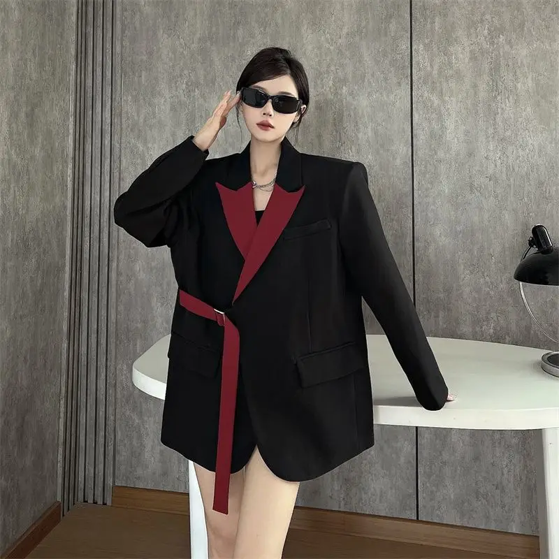 Trendy Niche Splicing Contrasting Color Blazer Spring and Autumn Handsome Loose Shoulder Pads and Barred Collar Casual Suit Top