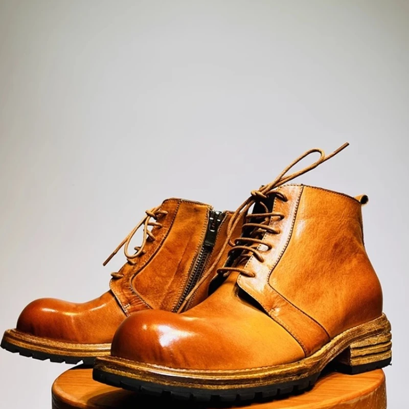 

Genuine Leather Goodyear Hand Sewn Retro Casual Shoes Men's European England Version Thick Soled Tooling Shoes Middle Help Shoes