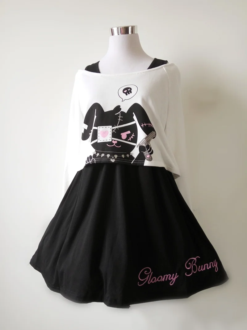 Moda nueva japonesa Lolita Primavera Verano dibujos animados estampado de conejo 2 uds traje niñas Top + vestido dulce lindo conejo negro niñas