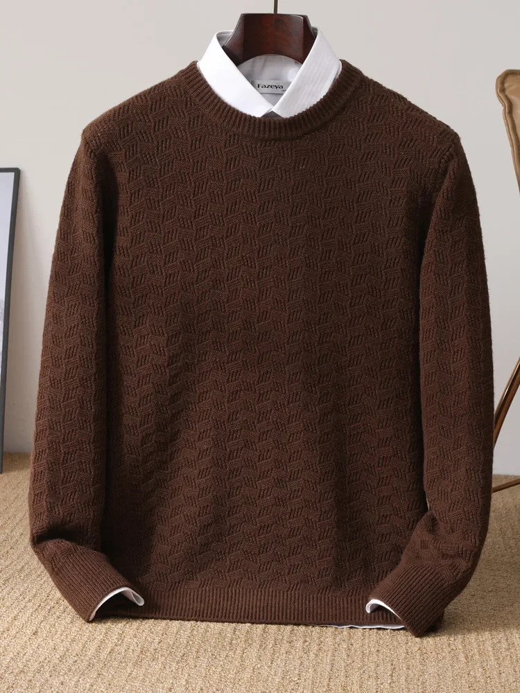 Spring Autumn Men's Pullover Sweater 100% Merino Wool Sweater Classic Long Sleeve Warm Knitted Casual Hollow Out O-Neck Clothing