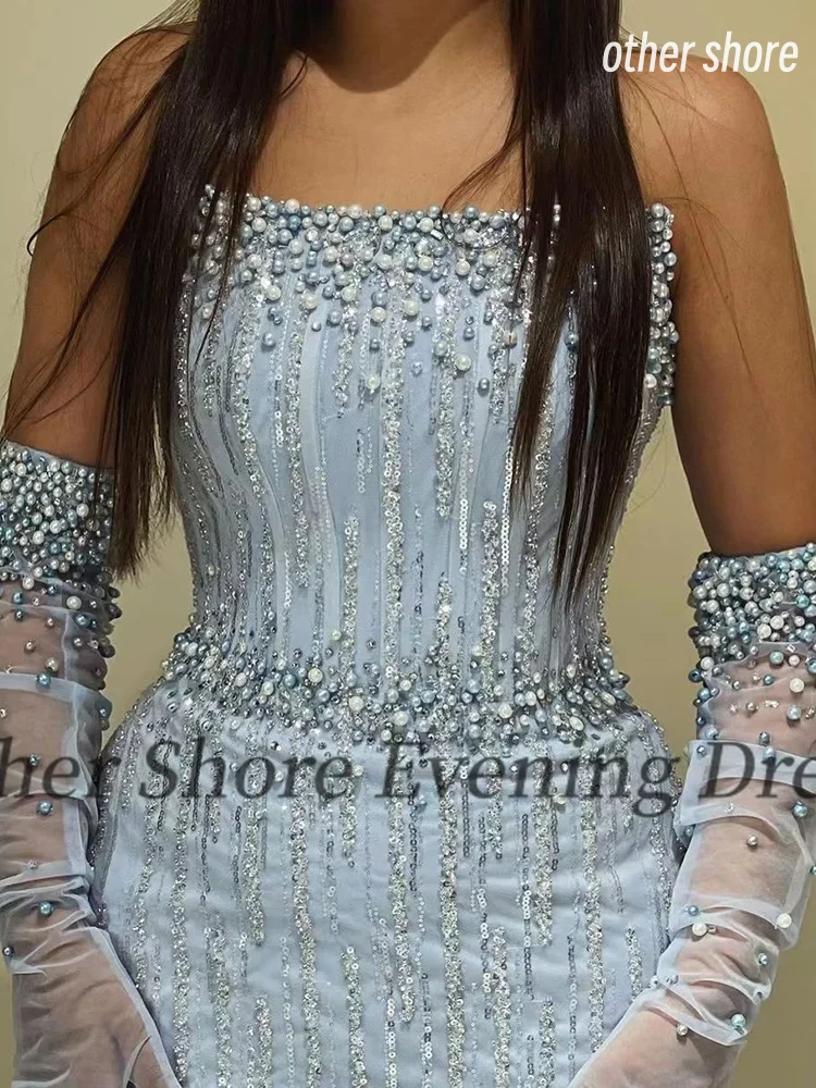 Other Shore Elegant Vintage Sexy Sweet Blue Shiny Pearls Beading Gloves Customize Formal Occasion Prom Dress Evening Party Gowns