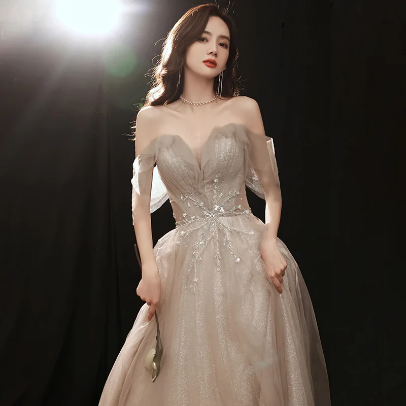 

Banquet Snowflake Pattern Decor Evening Dress 2024 New One Shoulder Champagne Dress Hosting Evening Party Annual Meeting