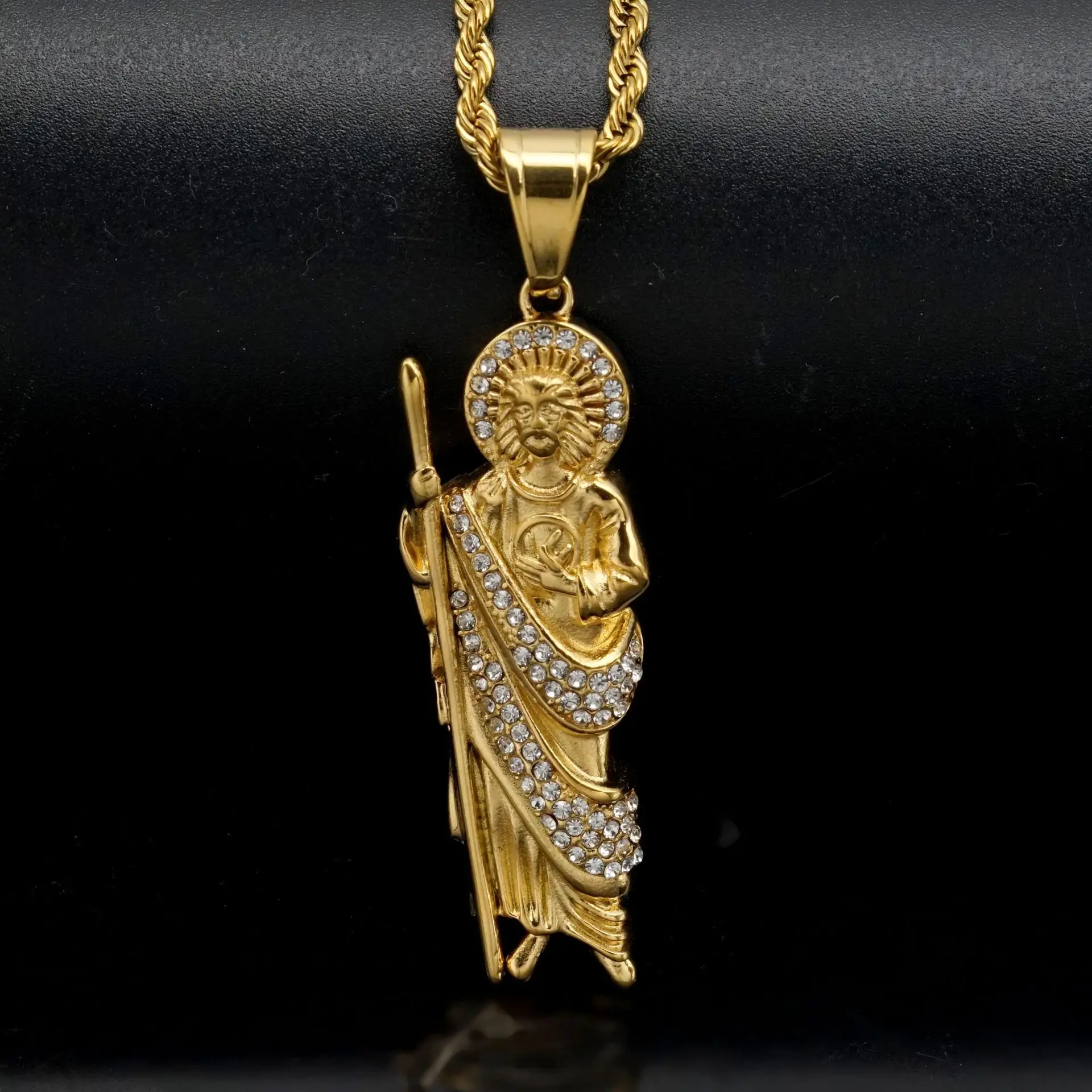 

Hip Hop Vintage Charms 316 Stainless Steel Crystal St. Jude Pendant For Men Gold Colour Square Pearl Chain Necklace