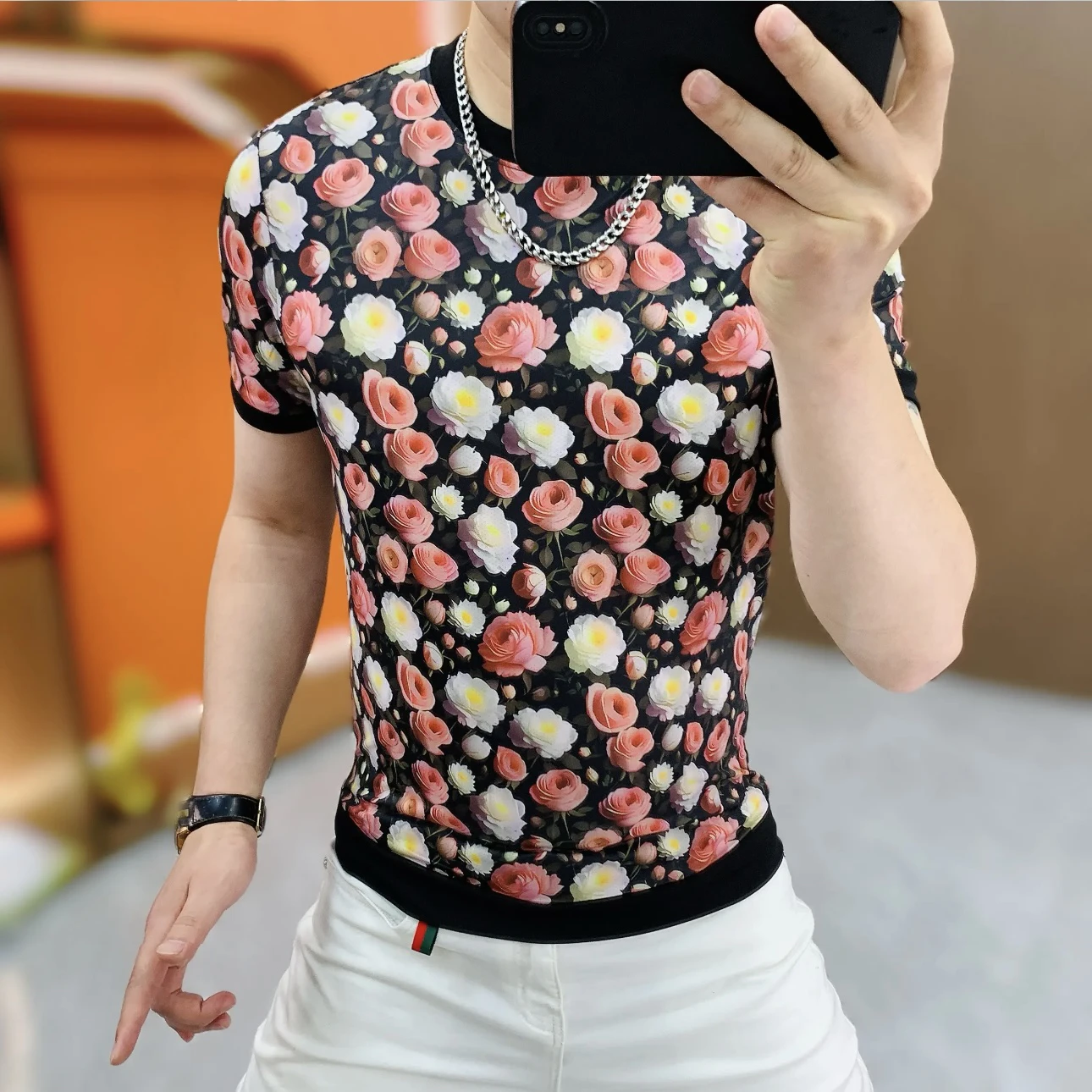 

Faionable round Ne Ice Silk Printed Slim Fit ort Sve T-irt Breathable Lightweight Polyester Fiber Summer New Arrival