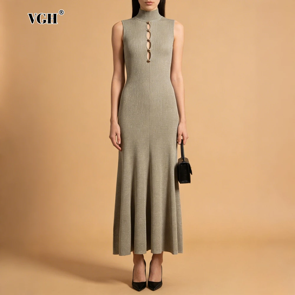 VGH エレガントなスプライスカットアウトドレス女性のためのスタンドカラーノースリーブハイウエストパッチワーク折り目冬ミニマリストドレス女性