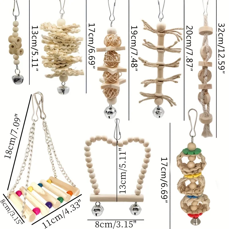 8 قطعة/المجموعة الحيوانات الأليفة الطيور سوينغ مضغ الطيور اللعب ، الخشب جرس معلق ، قفص الطيور الملحقات ، ألعاب الببغاء لون عشوائي