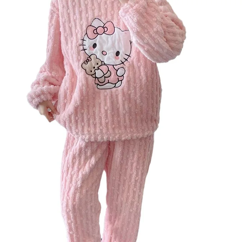 New Hello Kitty Coral Velvet Pajamas Women\'S Autumn And Winter Flannel Padded Trousers Sweet Cartoon Cute Home Service Suit