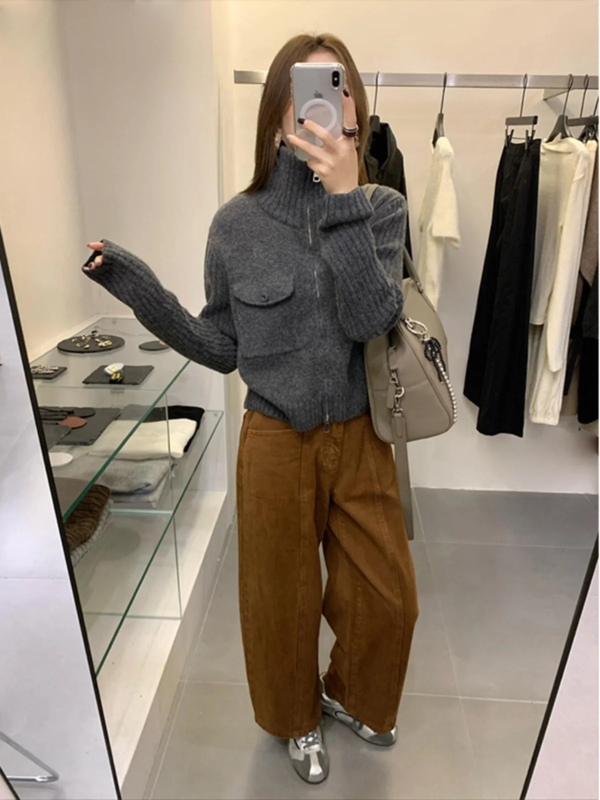 아메리칸 슬레 레트로 레이지 더블 지퍼 니트 하이 칼라 스웨터 코트 여성용 가을 겨울 신상 안티에이징 트렌디