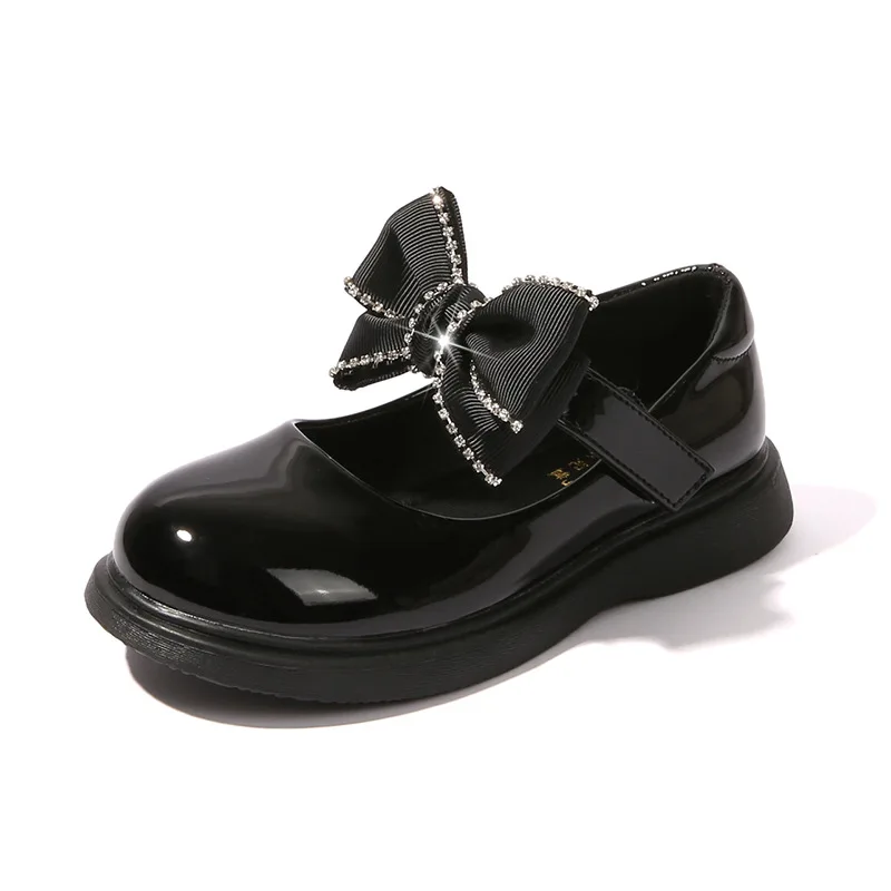 Girls Students Little Leather Shoes 2023 Spring New Children Fashion Loafers Britain PU Black Bow Kids Shoes Hook & Loop Glossy