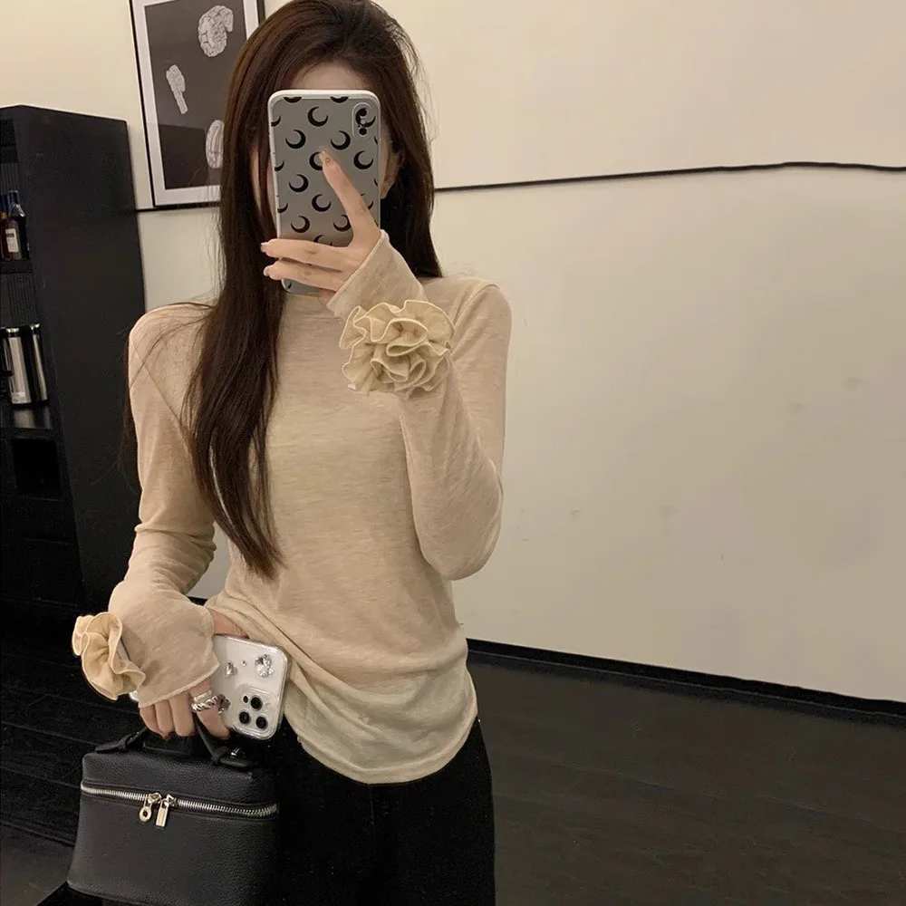 2024 Spring New 3d Flower Long Sleeve T-shirts Women Fashion Slim Bottoming Shirt Lady Sexy Office Tops High Street Female Tees