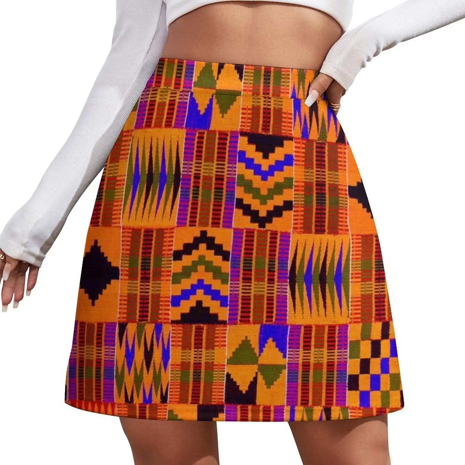 Kente القماش // البرسيمون والأحمر والبرتقالي تنورة صغيرة الإناث الملابس النسائية فستان صيفي 2023 ملابس الصيف