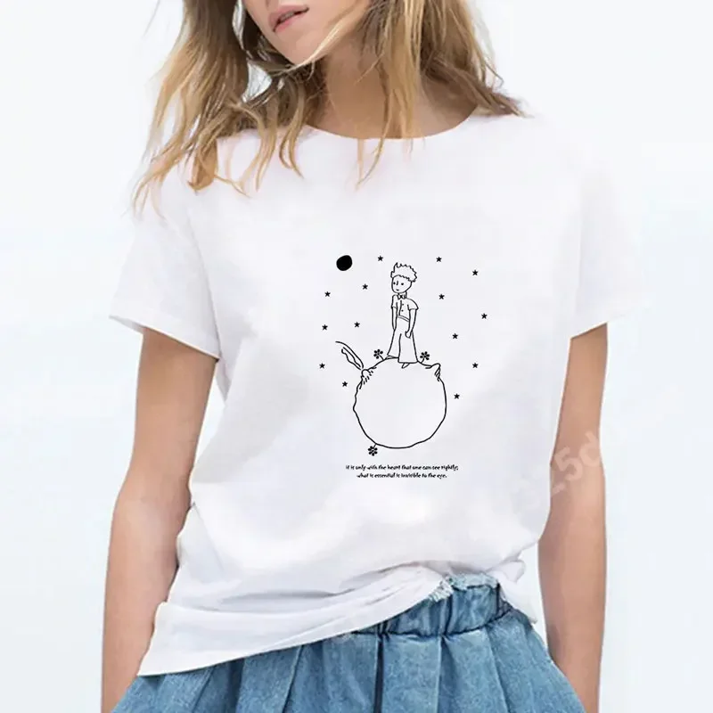 

Little Prince Printing White T-shirts Short Sleeve Women Fashion Tees Casual Cartoon Female Clothes Summer O-neck Tops
