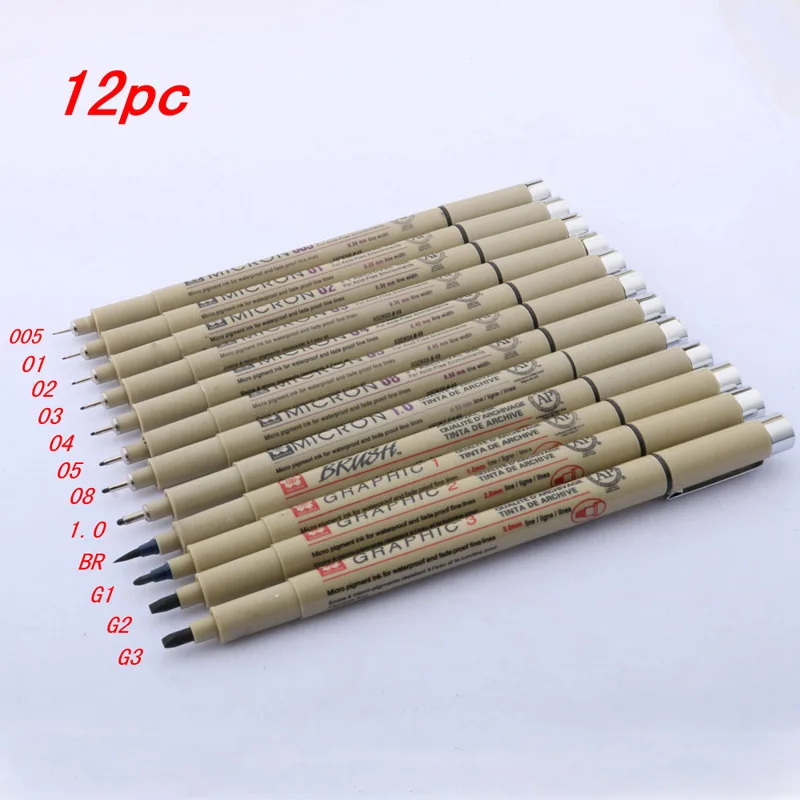 

12pc Pigment Liner Micron Ink Marker Pen Different Tip Painting Black Fineliner Sketching drawing Pen Office Supplies