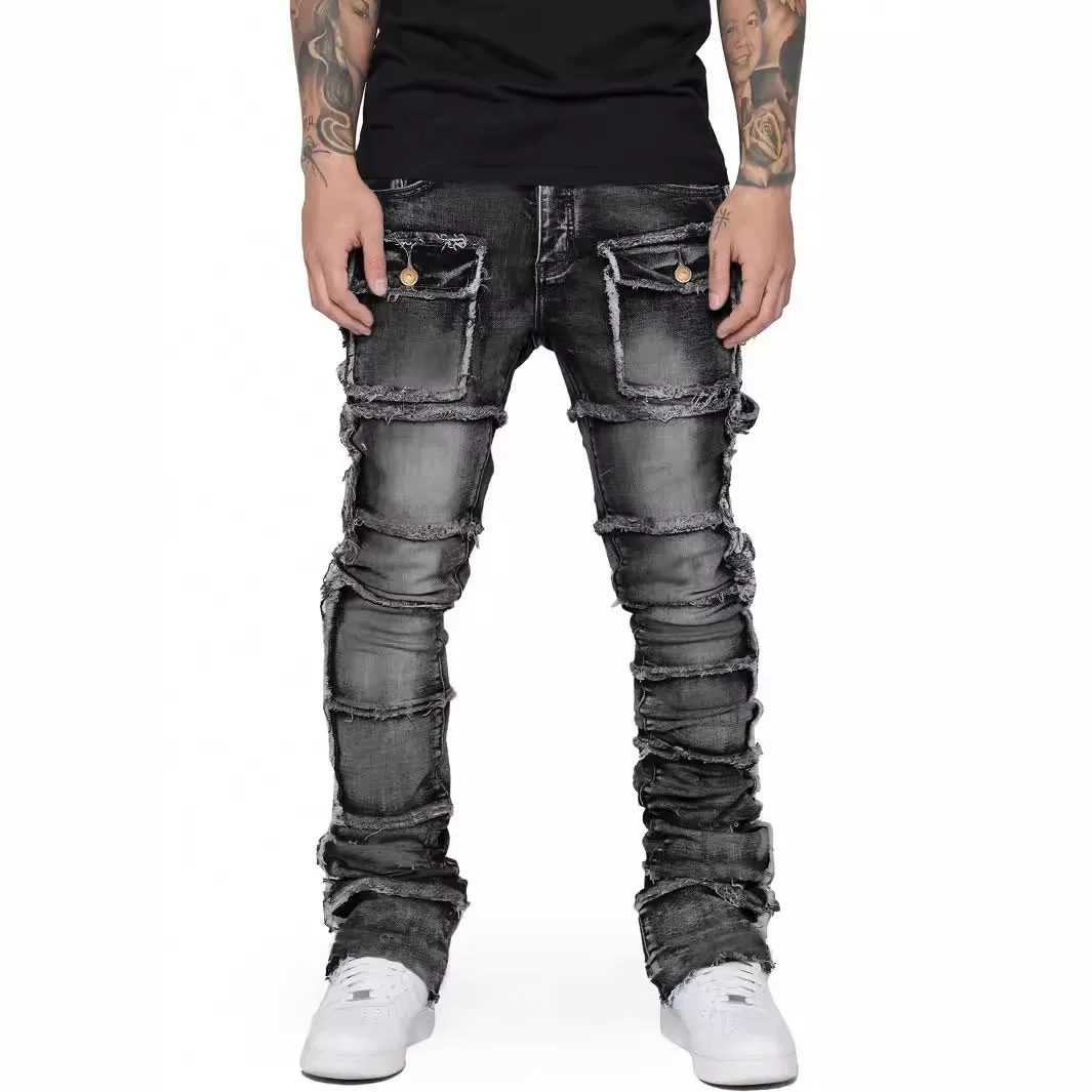 2025 New Trendy Men Jeans, European and American Fashionable Workwear with Patch, Elastic, Laminated and Slightly Flared Men Den